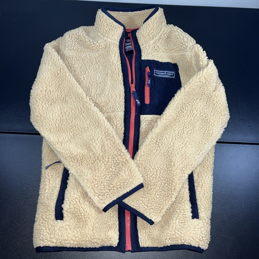 Vineyard Vines M Medium Boys SuperShep Fleece Jacket Beige Tan Sherpa Full Zip